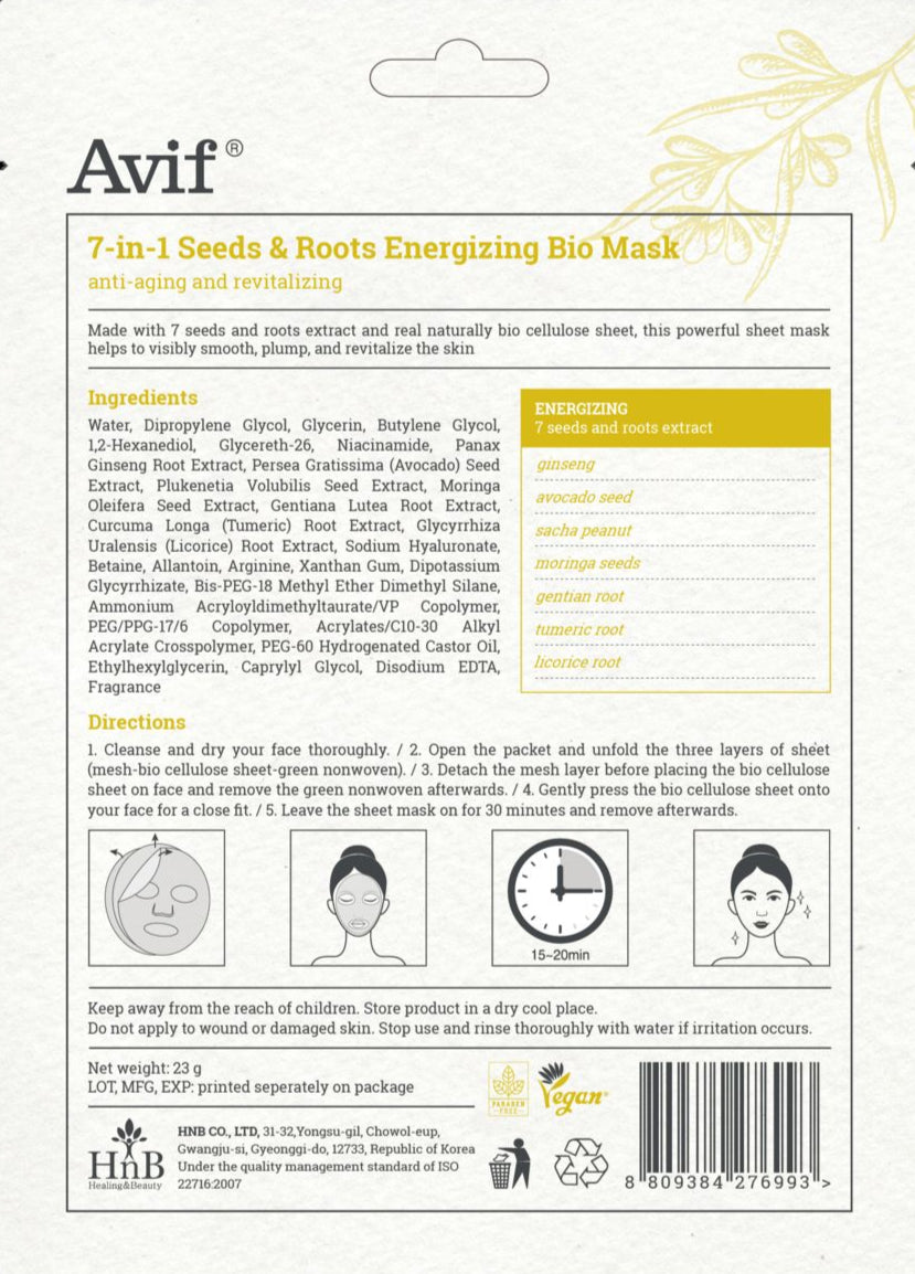 AVIF 7-IN-1 SEEDS & ROOTS ENERGIZING BIO-CELLULOSE MASK